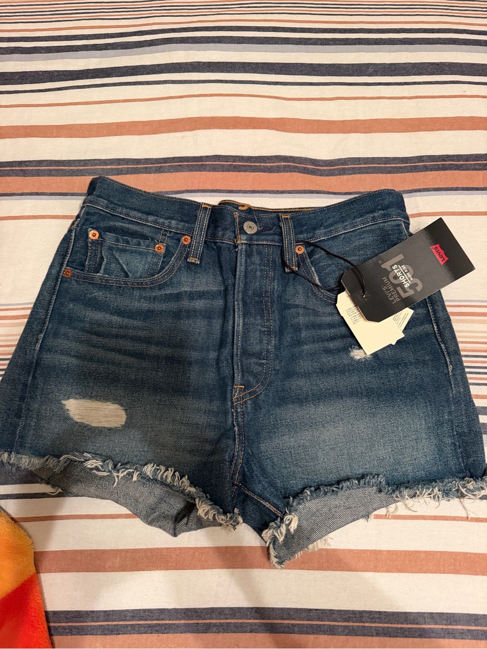 Levi's Dark Blue Distressed High-Rise Jean Shorts